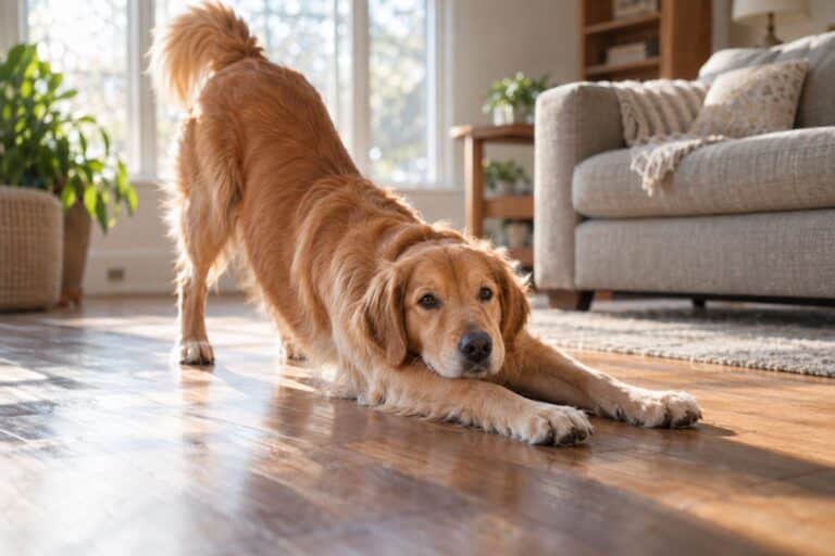 Un chien en train de s'étirer le matin avec les pattes avant allongées et l'arrière-train surélevé dans un salon lumineux