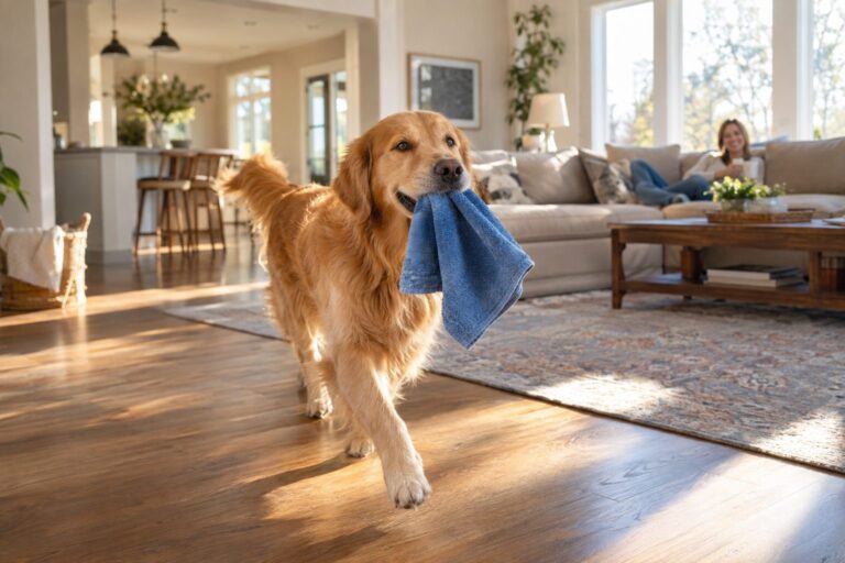 Un chien Golden Retriever entrant dans un salon avec fierté, un torchon de cuisine bleu dans sa gueule, regardant vers son maître assis sur un canapé