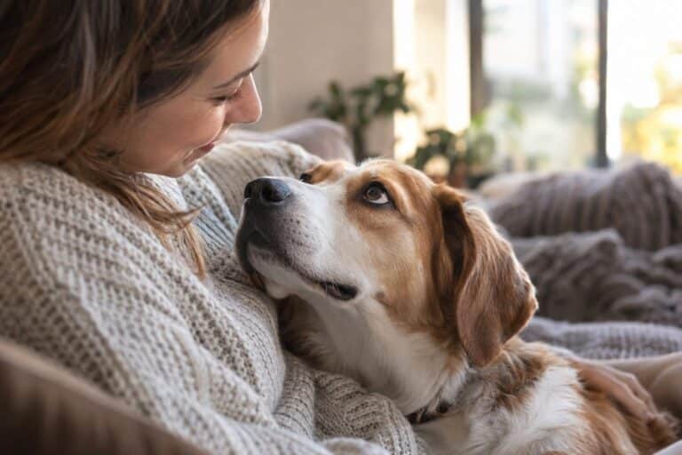 Un chien de race mixte regardant intensément son propriétaire avec affection dans un salon lumineux