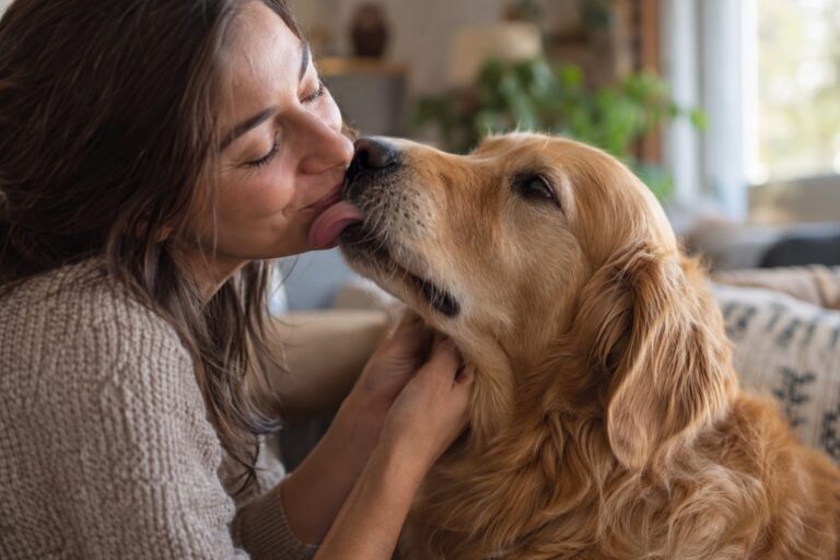 Un chien léchant le visage ou la main de son maître en gros plan, montrant l'intimité du geste