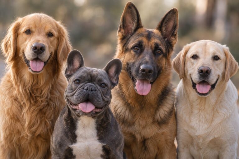 Collage de portraits de différentes races de chiens (Golden Retriever, Berger Allemand, Bouledogue français, Labrador) montrant la diversité des profils canins pour le choix d'un premier chien