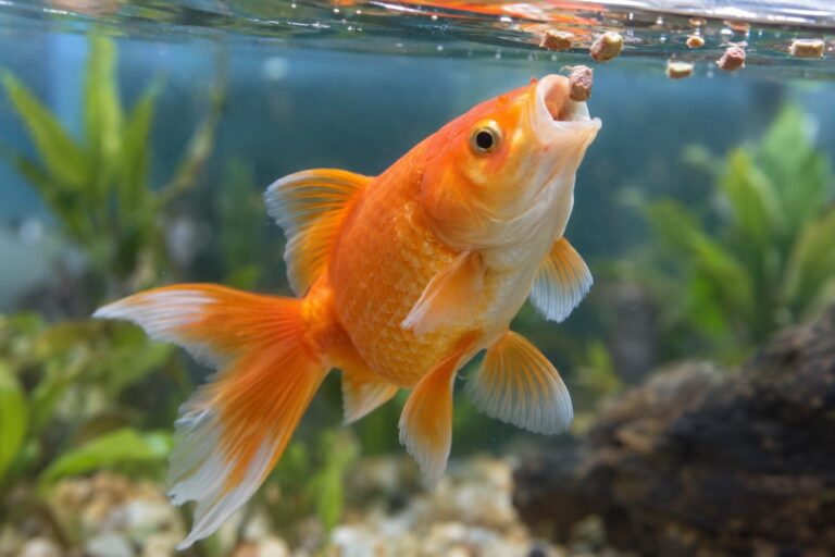 Poisson rouge mangeant ses granulés à la surface de l'eau