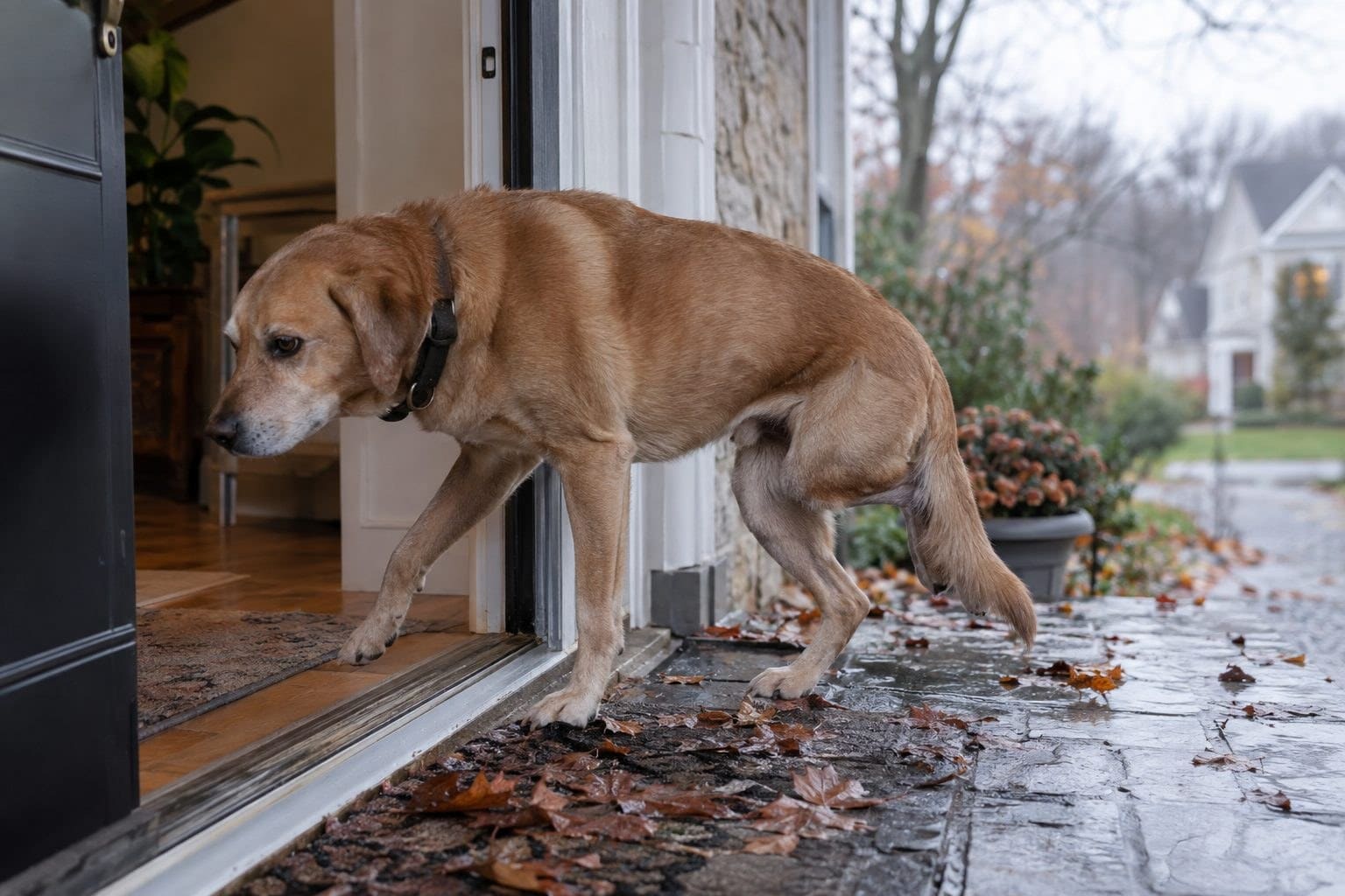 Un chien de taille moyenne boitant légèrement en sortant par la porte d'entrée d'une maison par une matinée d'automne/hiver