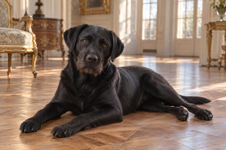Un labrador noir croisé griffon, allongé et détente à l'intérieur d'un salon élégant