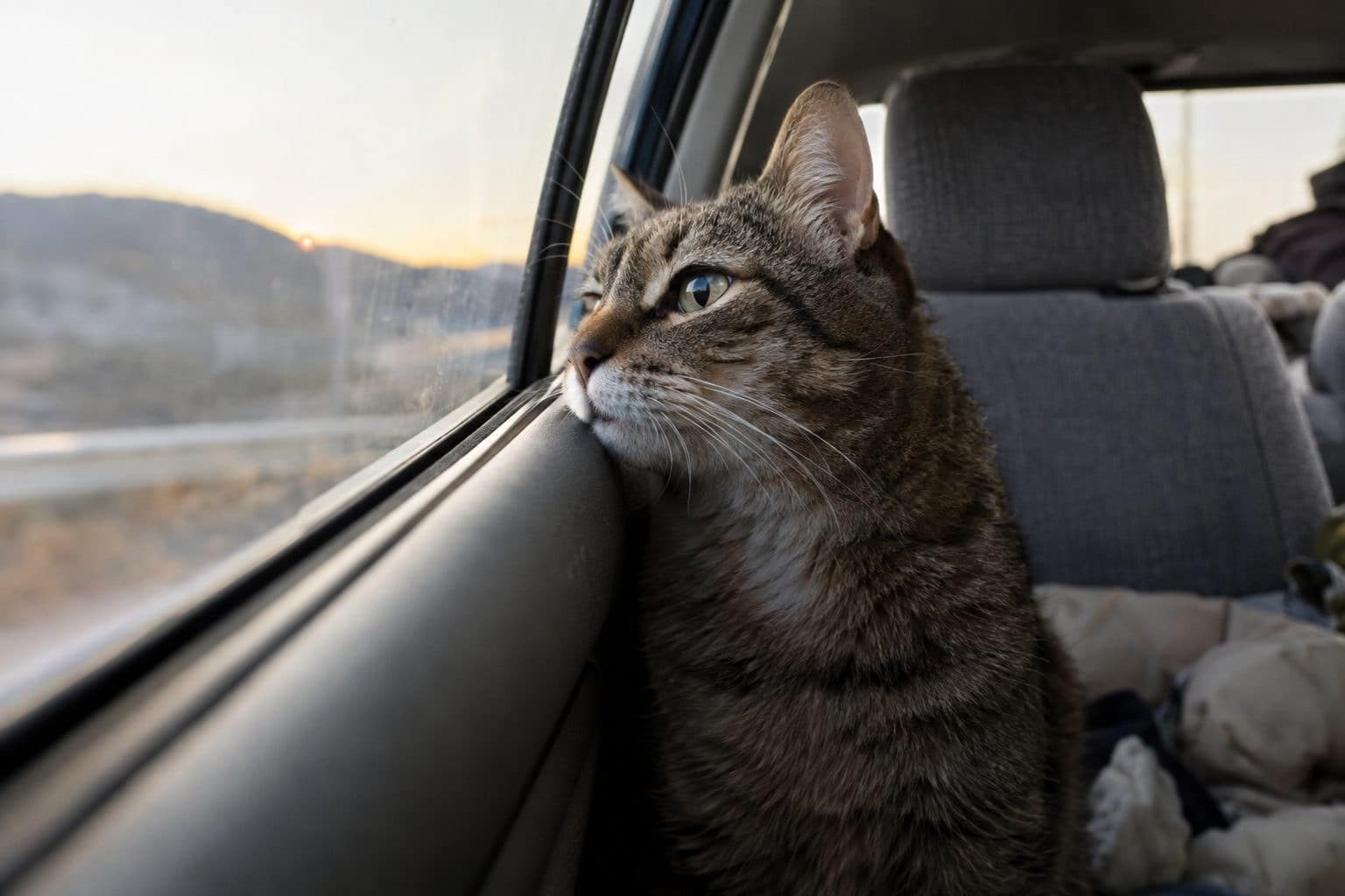 Un chat tigré assis sur un siège de voiture, regardant par la vitre avec une expression douce et attachante