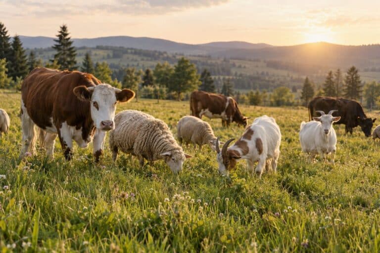 Un groupe d'animaux de ferme (vaches, moutons, chèvres) en liberté dans un pâturage