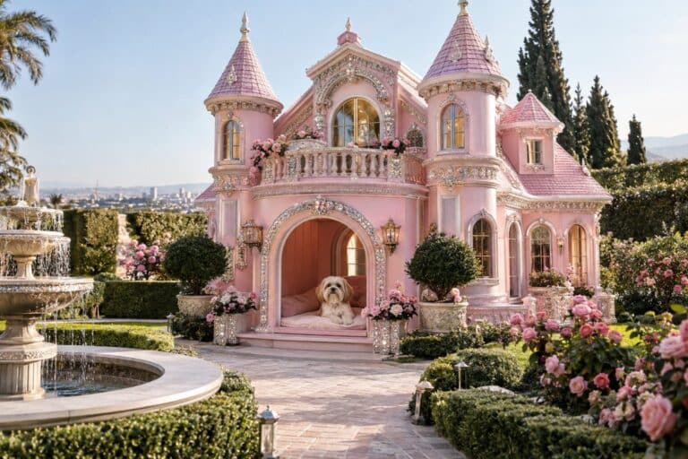 Un luxueux mini manoir rose pour chiens avec décoration kitsch et extravagante