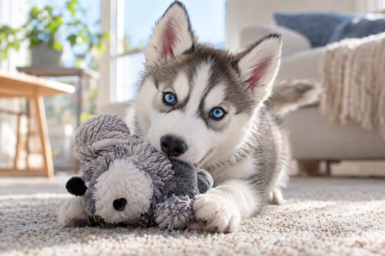 Un chiot husky sibérien adorable en gros plan, jouant avec un jouet