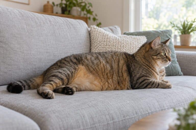 Chat domestique en surpoids allongé sur un canapé, vue de profil montrant son abdomen arrondi