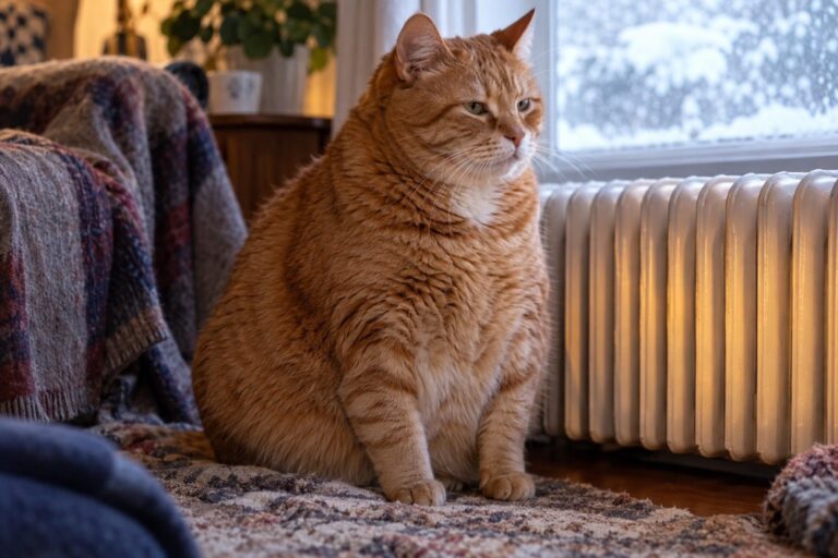 Un chat roux en surpoids assis près d'un radiateur en hiver, montrant son ventre arrondi et son poil terne