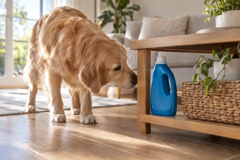 Un chien Golden Retriever dans un salon moderne, reniflant curieusement une bouteille de produit ménager oubliée sous une table basse en bois