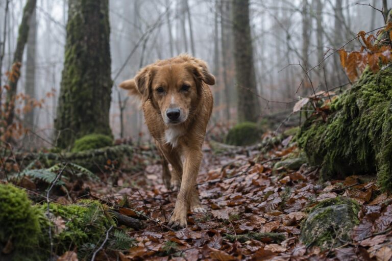 Un chien de taille moyenne explorant les sous-bois humides d'une forêt en hiver, avec feuilles mortes au sol et brume légère
