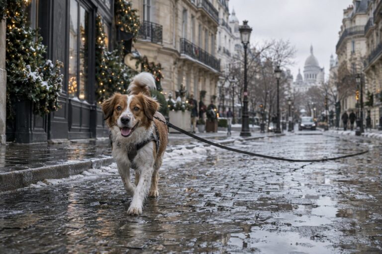 Un chien de taille moyenne en train de trotter joyeusement dans une rue parisienne hivernale avec une longe attachée, sur fond de bâtiments haussmanniens et de trottoir mouillé