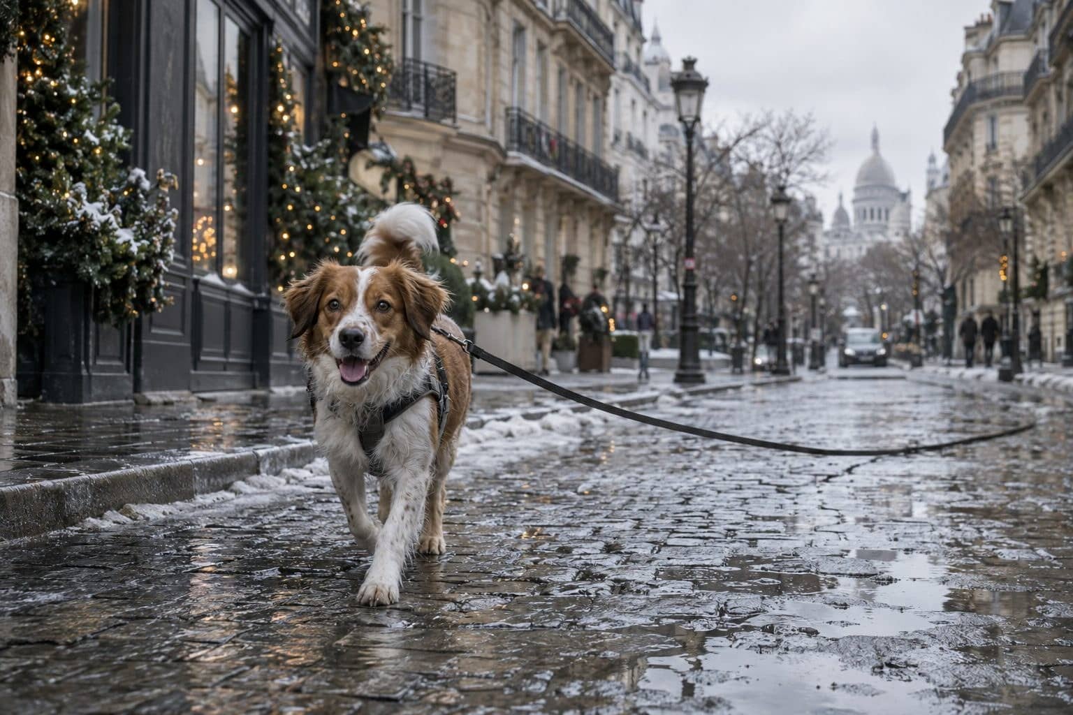 Un chien de taille moyenne en train de trotter joyeusement dans une rue parisienne hivernale avec une longe attachée, sur fond de bâtiments haussmanniens et de trottoir mouillé