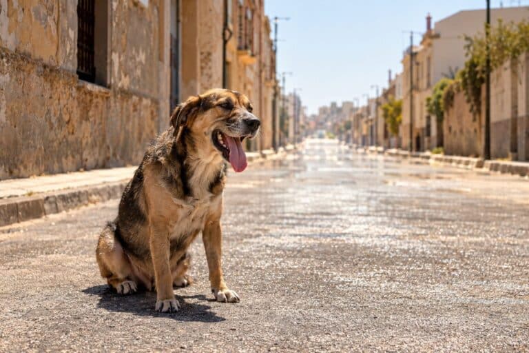 Un chien en détresse halètant sous le soleil intense d'été dans une rue pavée déserte