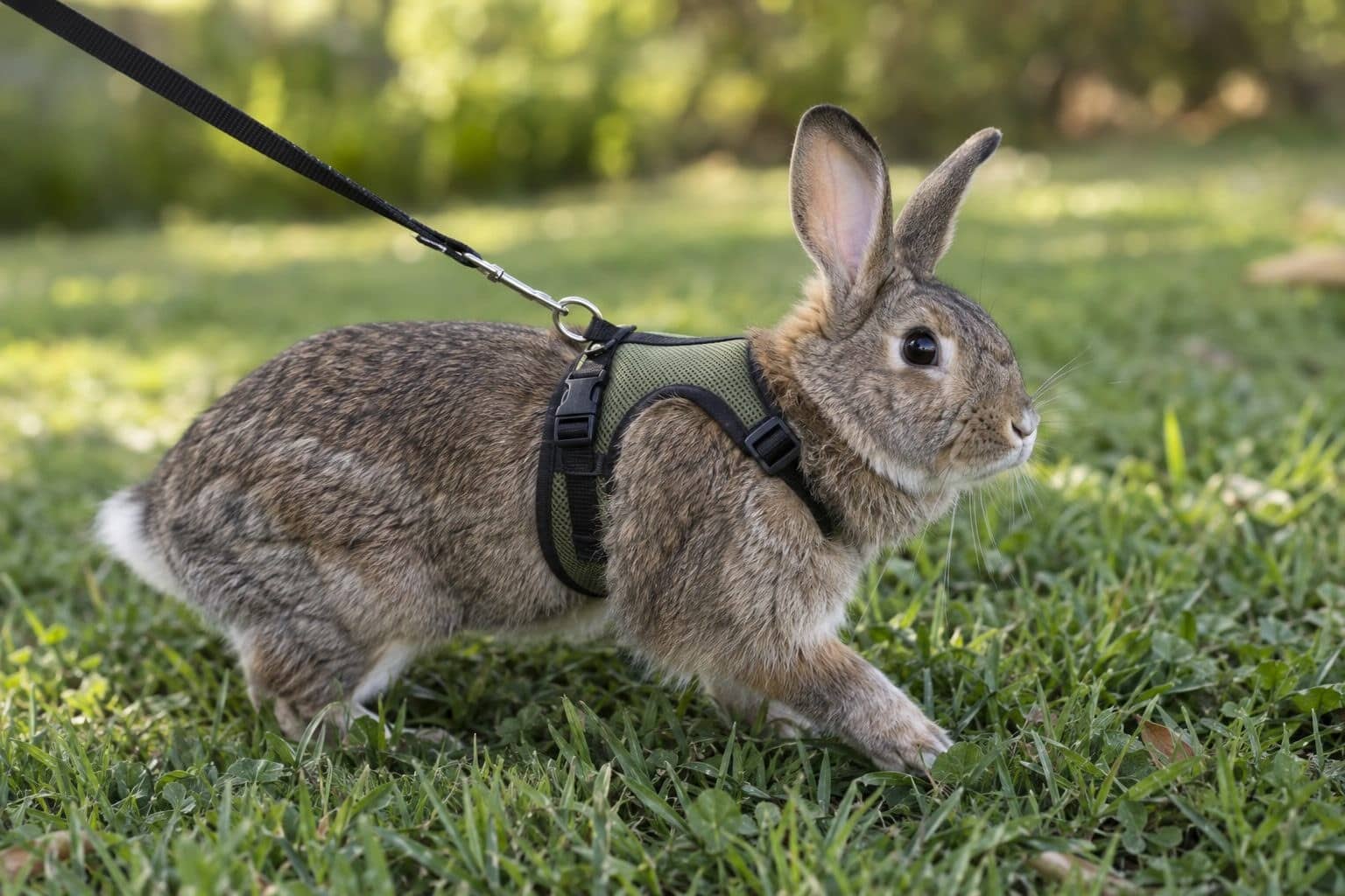 Gros plan d'un lapin (Oryctolagus cuniculus) portant un harnais ajusté avec laisse attachée, en train de marcher sur l'herbe verte