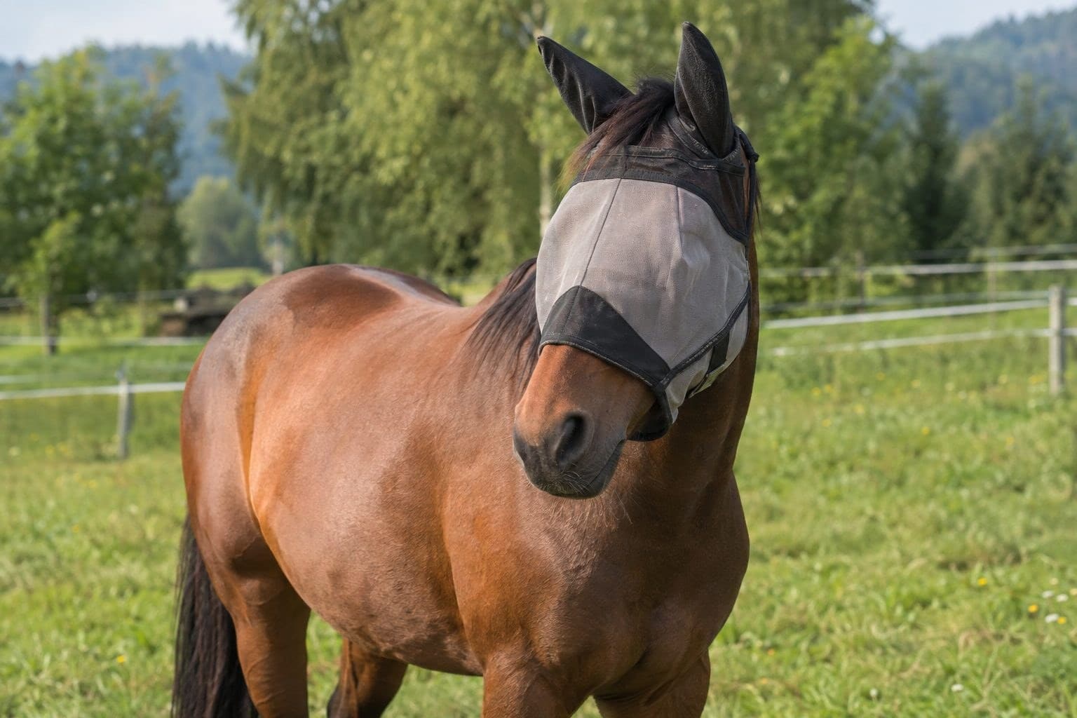 Cheval portant un masque anti-insectes protégeant ses yeux
