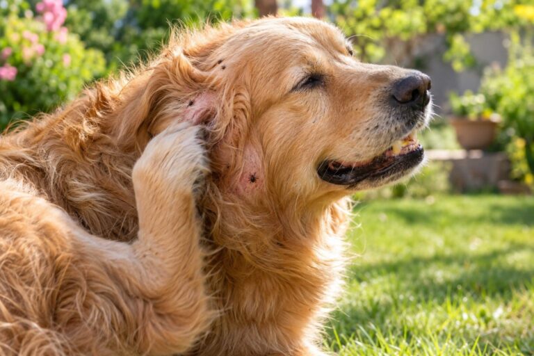 Gros plan d'un chien Golden Retriever se grattant intensément l'oreille pendant l'été, avec des parasites visibles (puces, tiques) sur son pelage doré, en arrière-plan un jardin ensoleillé de jour