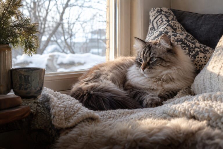 Un chat domestique avec une expression distante et énigmatique, allongé confortablement dans un coin douillet pendant l'hiver