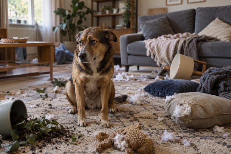 Un chien de race moyenne montrant des signes de détresse et d'anxiété de séparation, seul dans un intérieur désorganisé avec des objets renversés, exprimant son mal-être