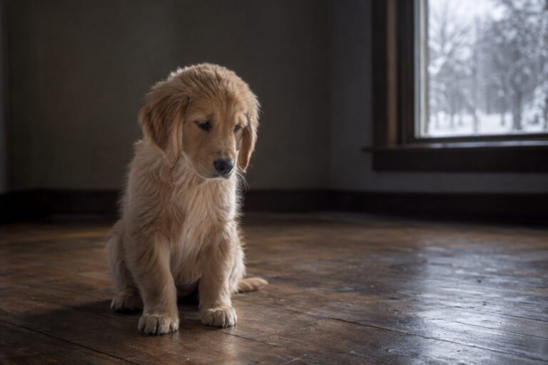 Un jeune chiot Golden Retriever triste et seul assis dans une maison vide, symbolisant l'abandon ou la séparation difficile