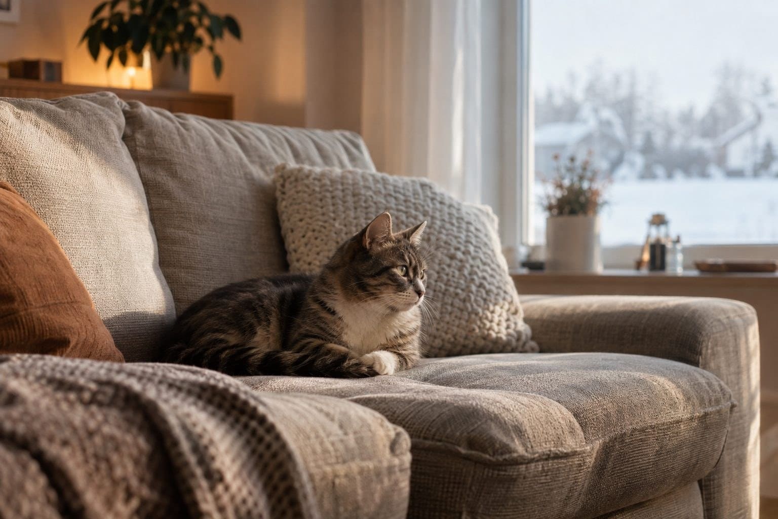 Un chat gris allongé seul sur un canapé dans un salon cosy, lumière hivernale douce par la fenêtre