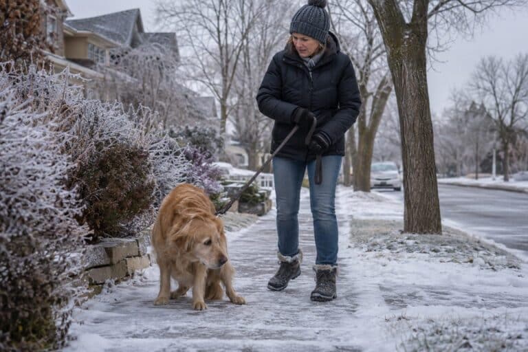 Un maître et son chien Golden Retriever sur un trottoir gelé en hiver, le propriétaire tendu observant anxieusement son chien qui semble mal à l'aise