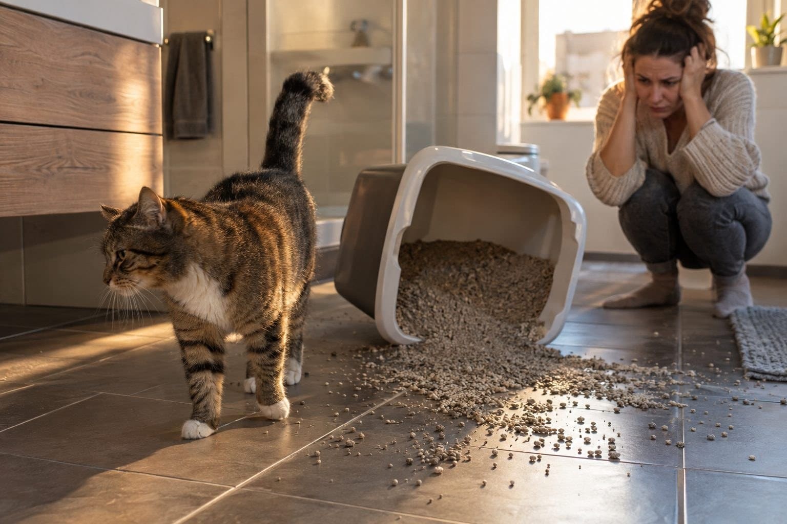 Un chat gris tigré renversant sa litière ou ignorant délibérément sa litière, avec des granulés éparpillés sur le sol, dans une salle de bain moderne en fin d'après-midi