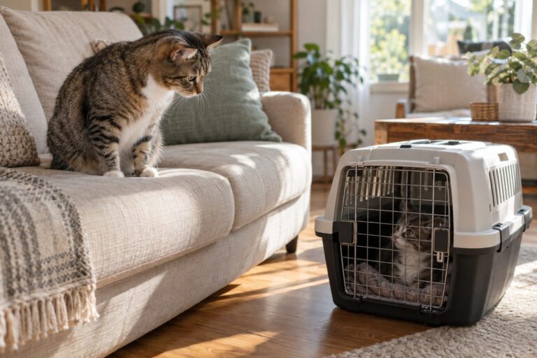 Un chat adulte assis sur un canapé, observant avec méfiance une cage de transport contenant un chaton, dans un intérieur moderne et lumineux