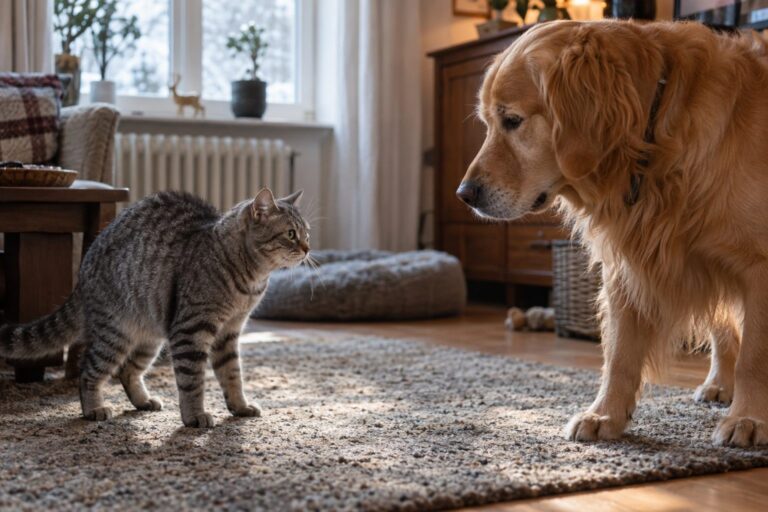 Un chat gris tabby et un chien Golden Retriever se regardant avec méfiance dans un salon confortable en hiver