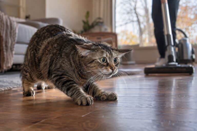Un chat domestique aux aguets, réagissant avec intensité au bruit de l'aspirateur dans un salon moderne