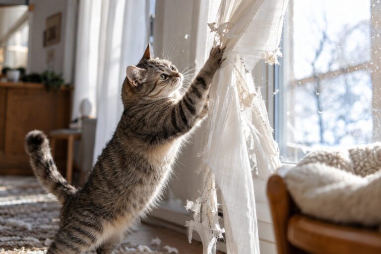 Un chat domestique (Felis catus) jouant avec des rideaux en tissu blanc déchirés dans un salon lumineux en hiver