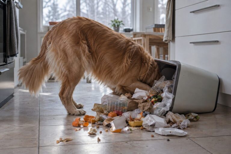 Un chien Golden Retriever énergique en train de fouiller dans une poubelle renversée dans une cuisine hivernale, avec des détritus éparpillés au sol et la lumière grise d'un jour d'hiver par la fenêtre