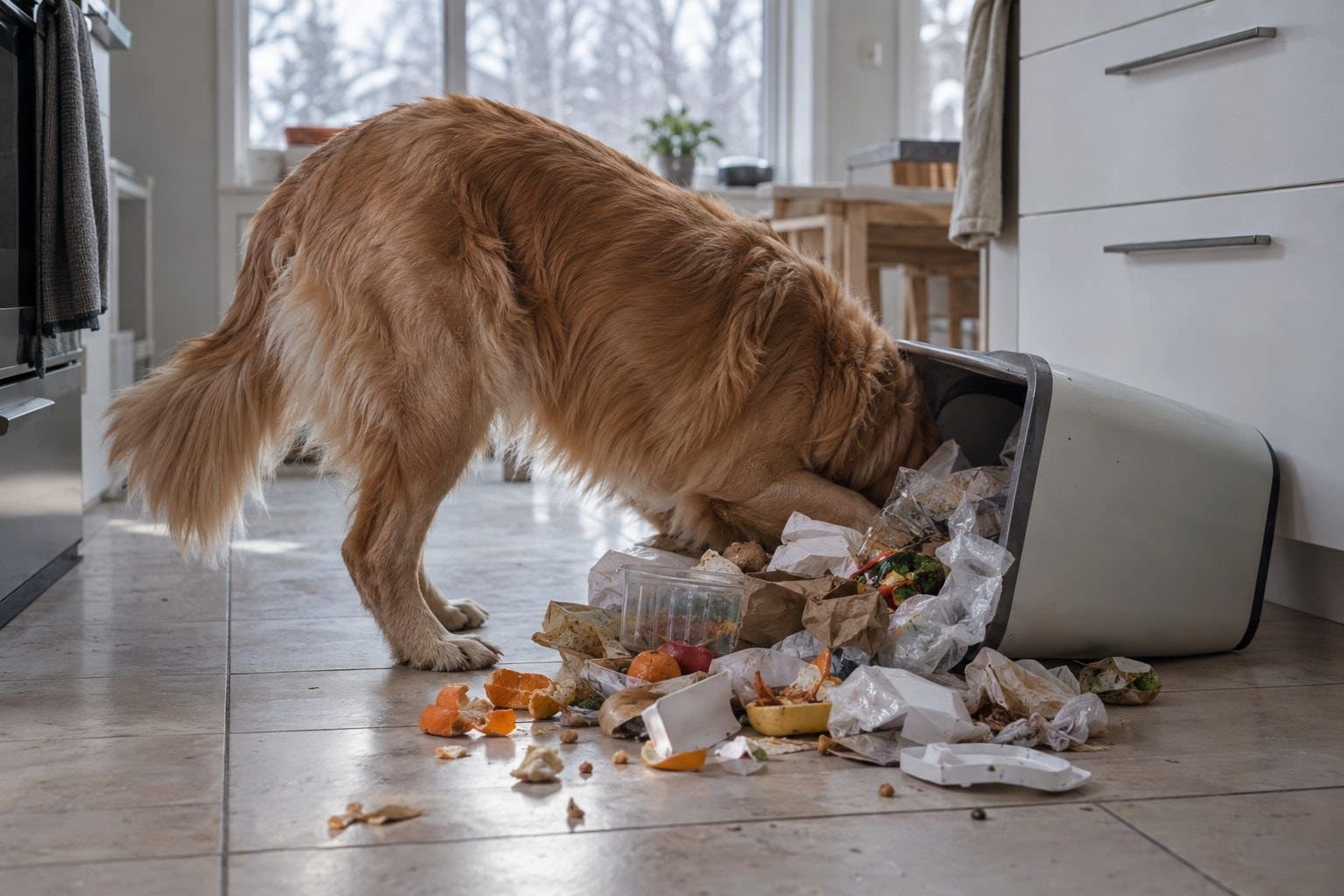 Un chien Golden Retriever énergique en train de fouiller dans une poubelle renversée dans une cuisine hivernale, avec des détritus éparpillés au sol et la lumière grise d'un jour d'hiver par la fenêtre