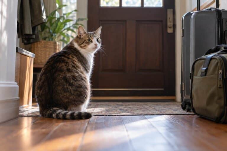 Un chat assis face à une porte d'entrée avec des valises à côté, regardant vers la porte avec une expression méfiante