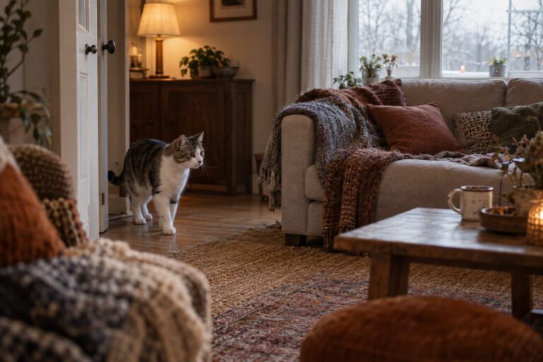 Un chat domestique (Felis catus) curieux explorant un salon confortable en hiver, avec plaids et ambiance chaleureuse