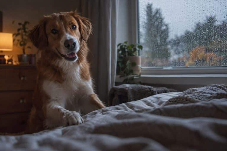 Un chien impatient réveille son propriétaire tôt le matin sous la pluie de novembre