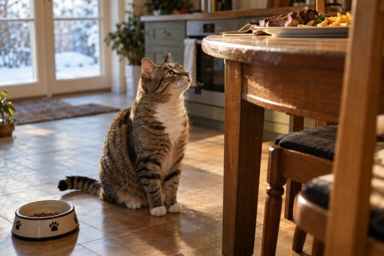 Un chat (Felis catus) assis près d'une table de cuisine en hiver, regardant avec intérêt une assiette contenant un steak-frites, tandis que sa gamelle pleine reste ignorée au sol
