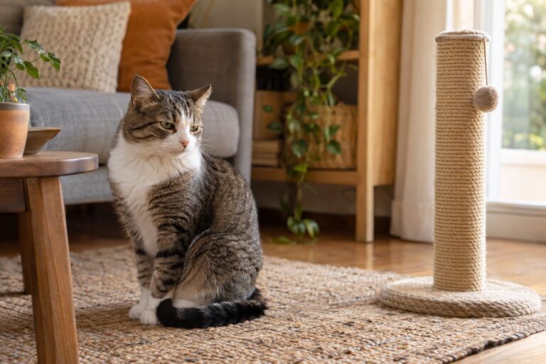 Un chat gris assis à côté d'un griffoir ignoré, avec une expression boudeuse et détournée