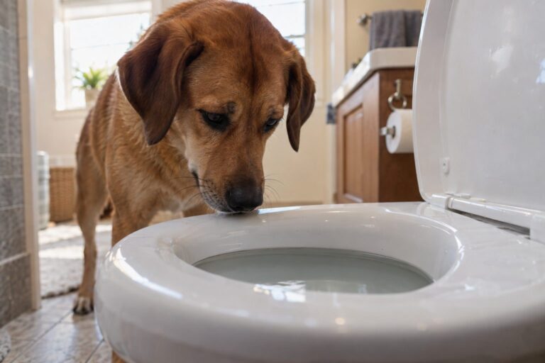 Un chien brun regardant une cuvette de toilettes ouvertes dans une salle de bains, sur le point de boire