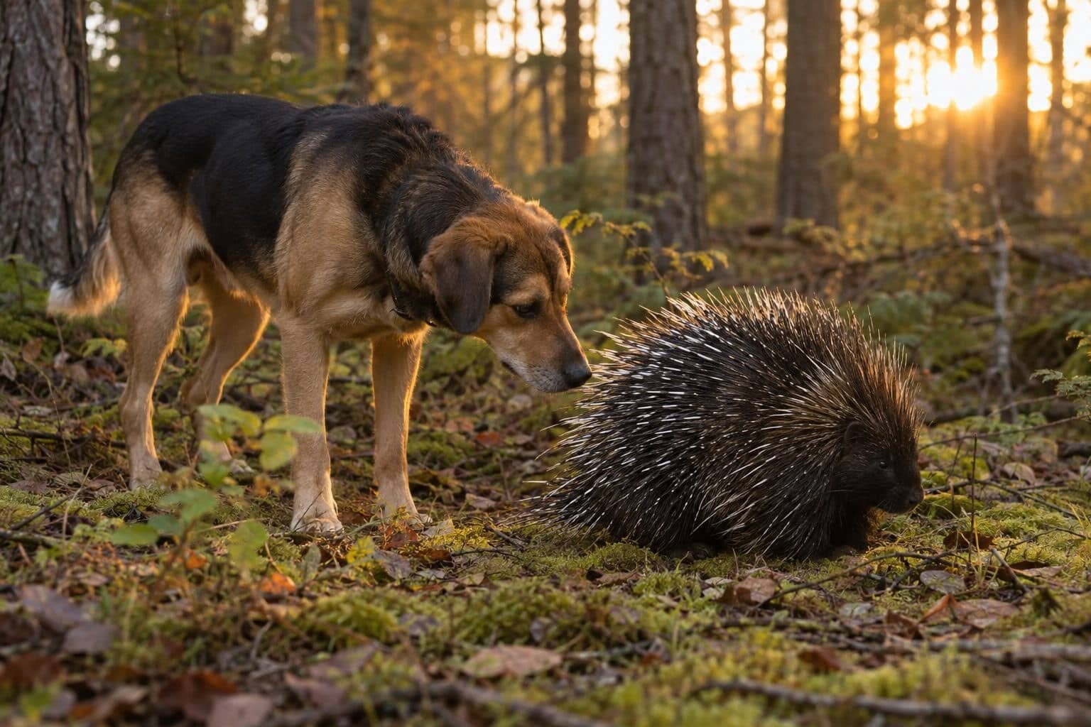 Un chien curieux rencontrant face à face un porc-épic dans un environnement naturel