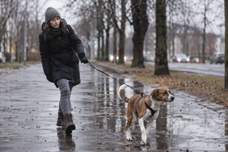 Personne fatiguée tenant la laisse d'un chien qui tire énergiquement lors d'une promenade automnale sous la pluie