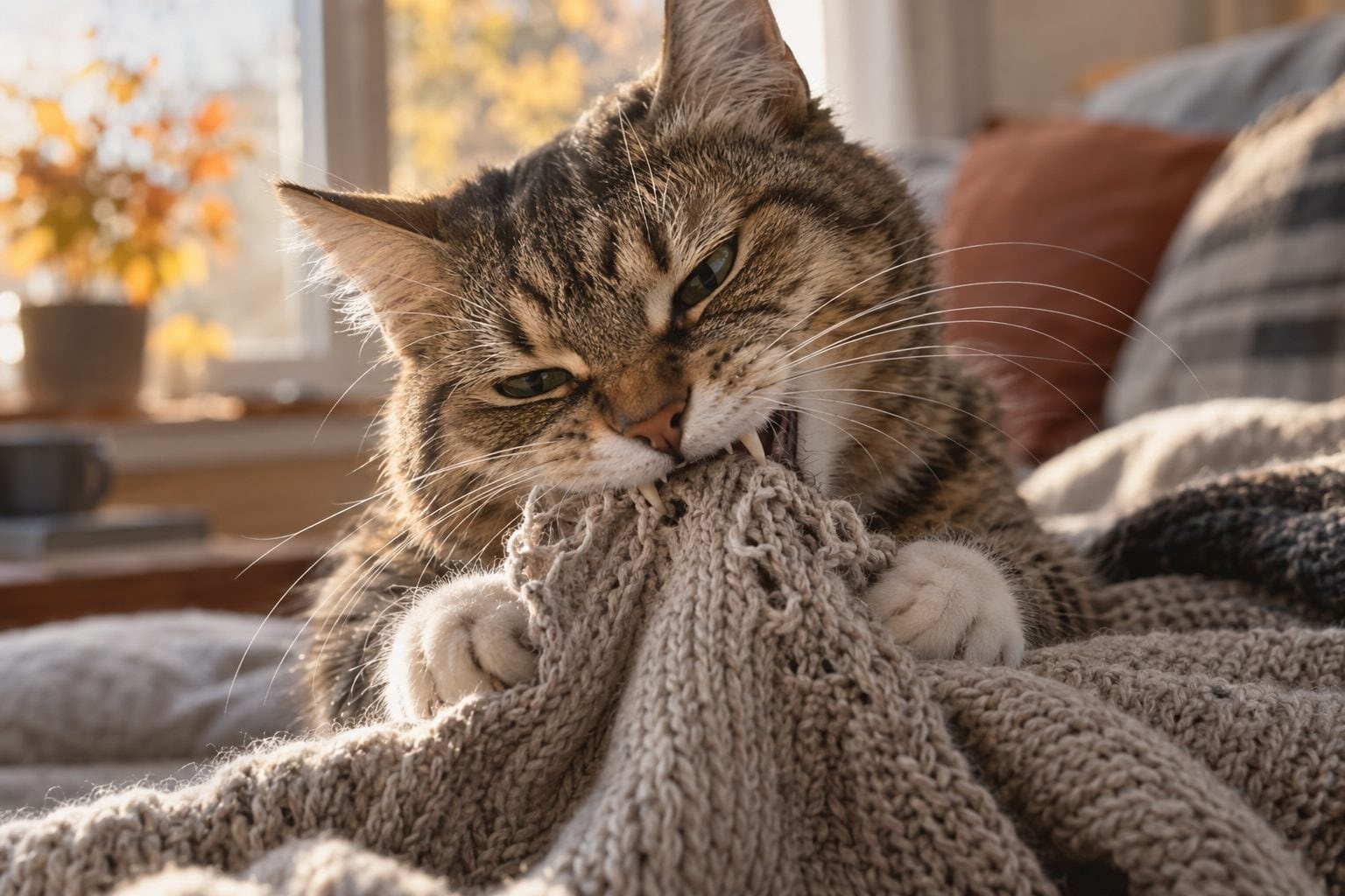 Un chat domestique mâchonnant un pull-over en laine, gros plan sur sa bouche et les dégâts sur le tissu