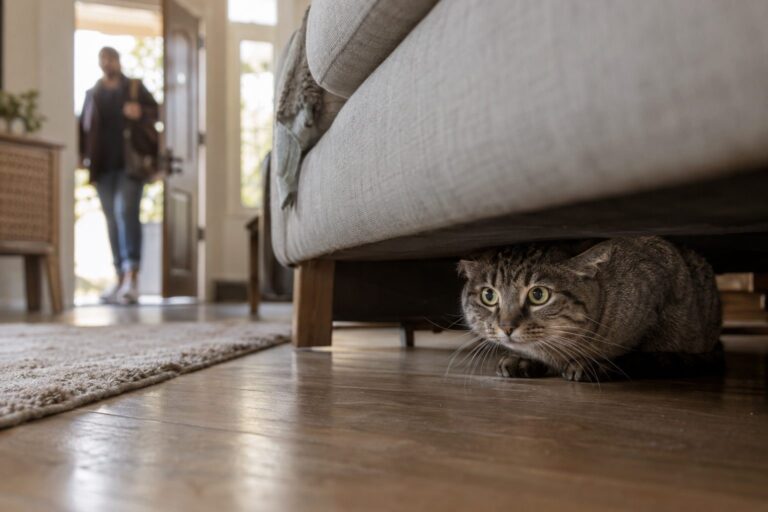 Un chat gris effrayé se cachant sous un canapé gris clair dans un salon moderne, pendant qu'une silhouette de visiteur entre par la porte d'entrée en arrière-plan
