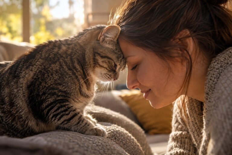 Un chat tigré qui frotte doucement sa tête contre le front d'une personne assise sur un canapé, gros plan du visage du chat et de la tête de la personne en contact tendre