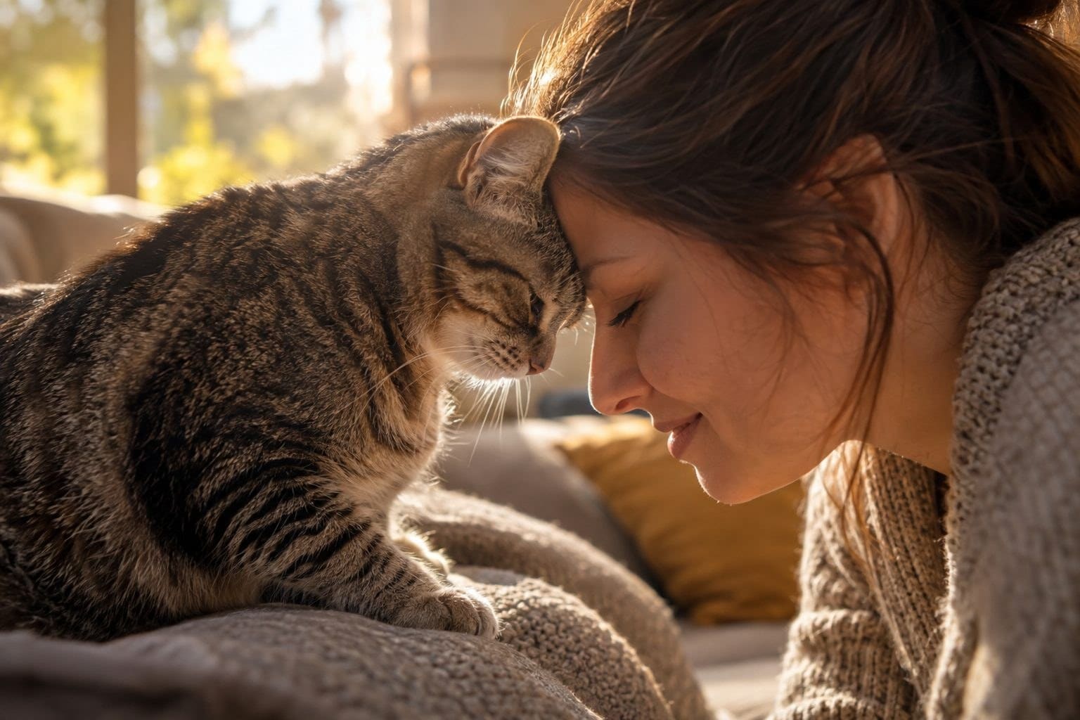 Un chat tigré qui frotte doucement sa tête contre le front d'une personne assise sur un canapé, gros plan du visage du chat et de la tête de la personne en contact tendre