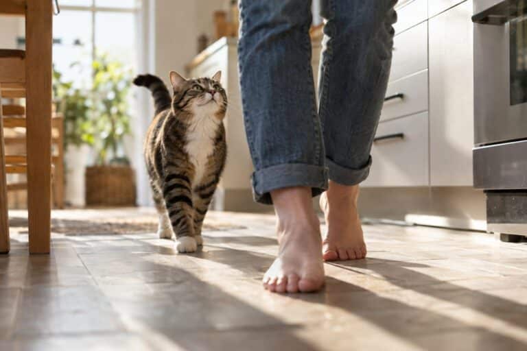 Chat domestique suivant son propriétaire dans la cuisine, vue de dessus en perspective basse montrant l'ombre du chat sur le sol