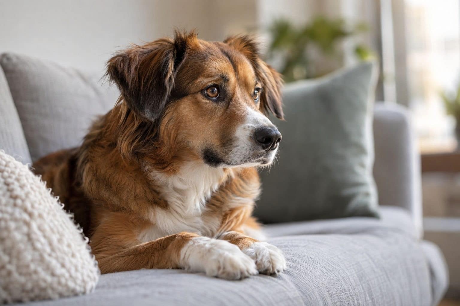 Un chien de race moyenne couché sur un canapé gris clair en intérieur, fixant intensément un point invisible devant lui avec une expression absorbée et concentrée, dans une lumière naturelle douce et tamisée provenant d'une fenêtre