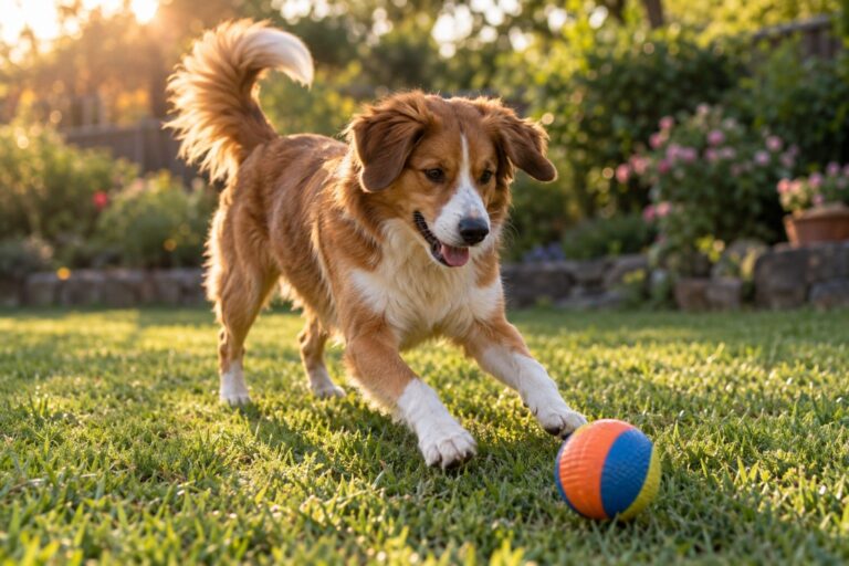 Un chien jouant avec une balle colorée dans un jardin