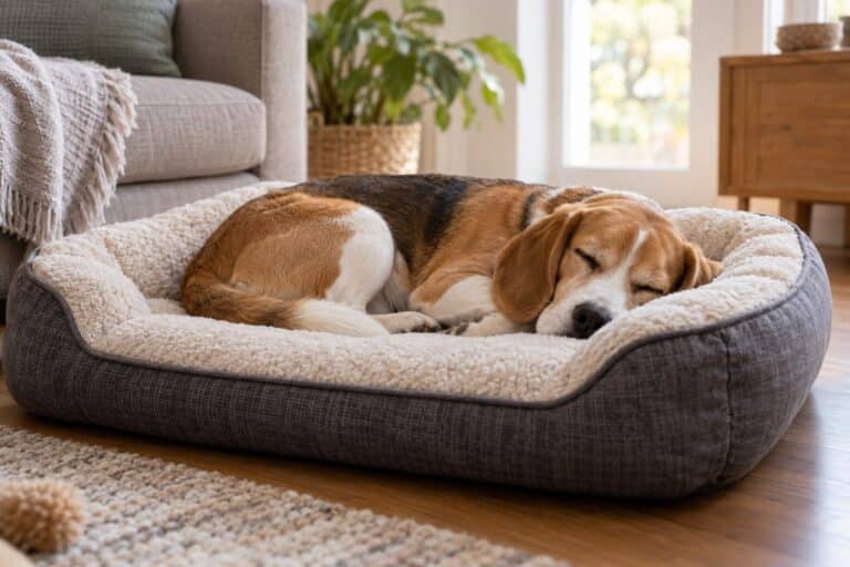 Un chien de race moyenne (Beagle ou Cocker Spaniel) endormi profondément sur un couchage orthopédique confortable dans un intérieur cosy, illustrant l'importance du sommeil pour le bien-être canin